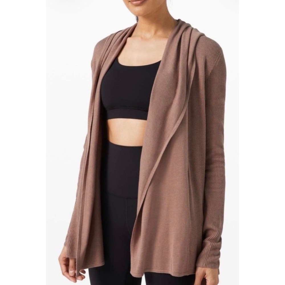 Lululemon Sundown Sweater Wrap Mauve Brown Cashmere Blend Hooded Cardigan 8